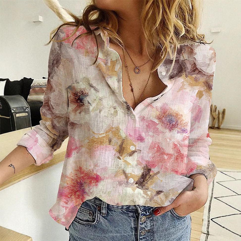 Women's Fashion Gradient Color Printed Women's Shirt Loose Long Sleeve Cardigan Shirt Women's