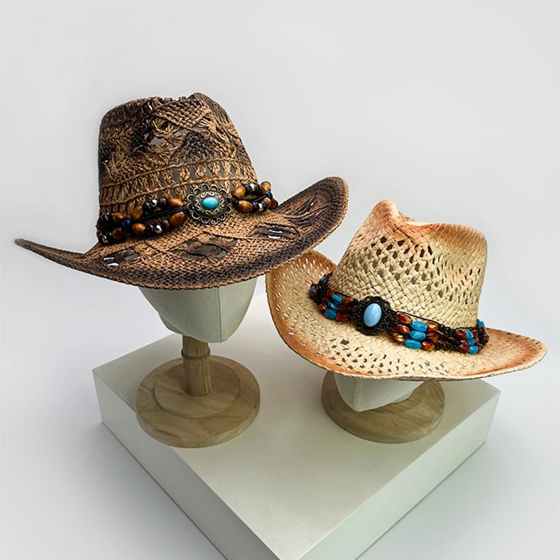 Unisex Exotic Style Retro Bandhnu Travel Cowboy Hats Outdoor Beading Beach Sunshade Niche Straw Caps Versatile Hollow Out 250526