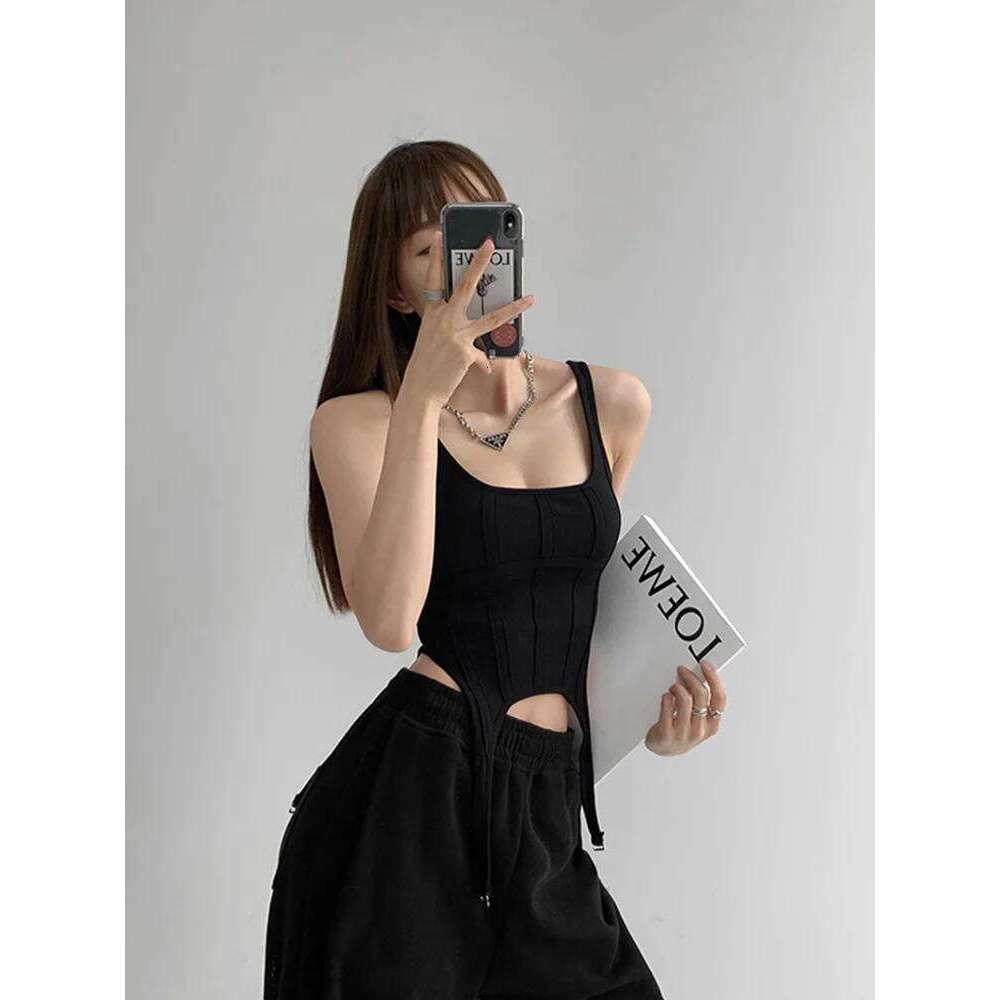 Fishbone Thread Safari Style Vest Irregular Hook Bottomed Shirt For Women Square Neck Sexy Sleeveless Sort Tops