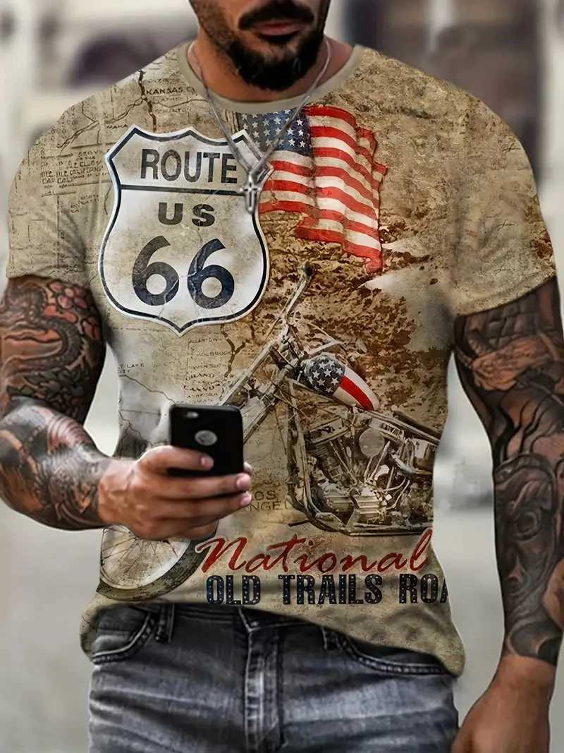 Vintage 66 Route T-Shirt for Men 3D Printed Biker Motor Mens T Shirts Oversized T Shirt Route 66 Racing Short Sleeve Camiseta Z250527