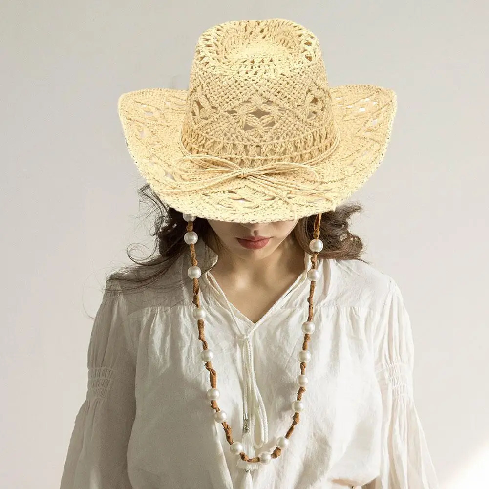 Summer Outdoor Men Women Hand-woven Western Cowboy Straw Hats Wide Brim Breathable Beach Jazz Cap Sun Protection Hat 250526