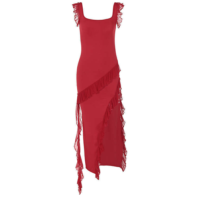 Women's 2025 Summer Autumn New Fashion Sexy Ruffle Edge Patchwork Elegant Split Dress