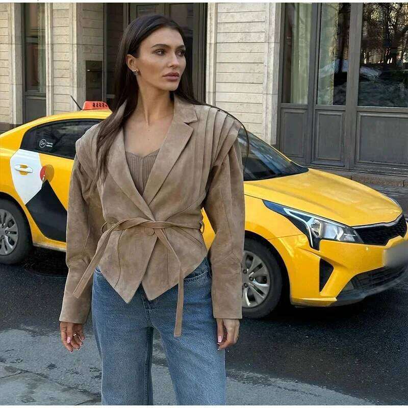 Women High Street Leather Jacket 2024 Autumn Winter Versatile Brown Long Sleeves V-Neck Lace-Up Coats Causal Chic Female Outwear