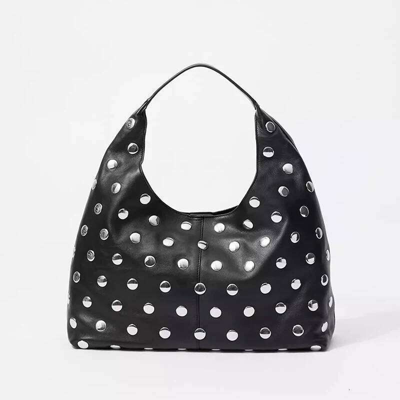 Women's Bags Designer Black Motorcycle Style Hobo Retro Oil Underarm Casual Leather Bucket Storage Personal Rivet Bag
