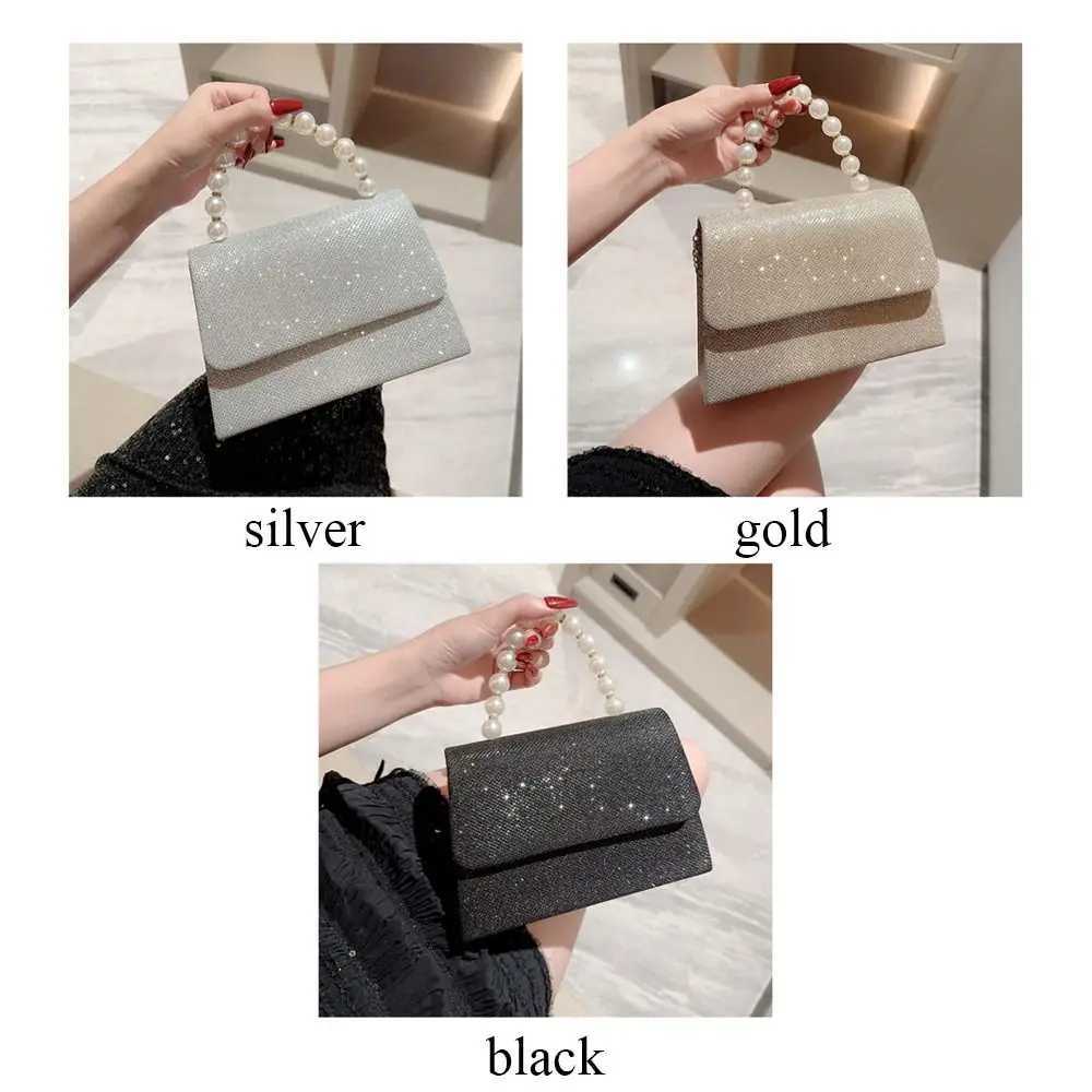 Pearl Chain Shoulder Bags Luxury Purse Gold Bright Silk Evening Bag Women Elegant Fashion Banquet Clutch Female Handbag W250527