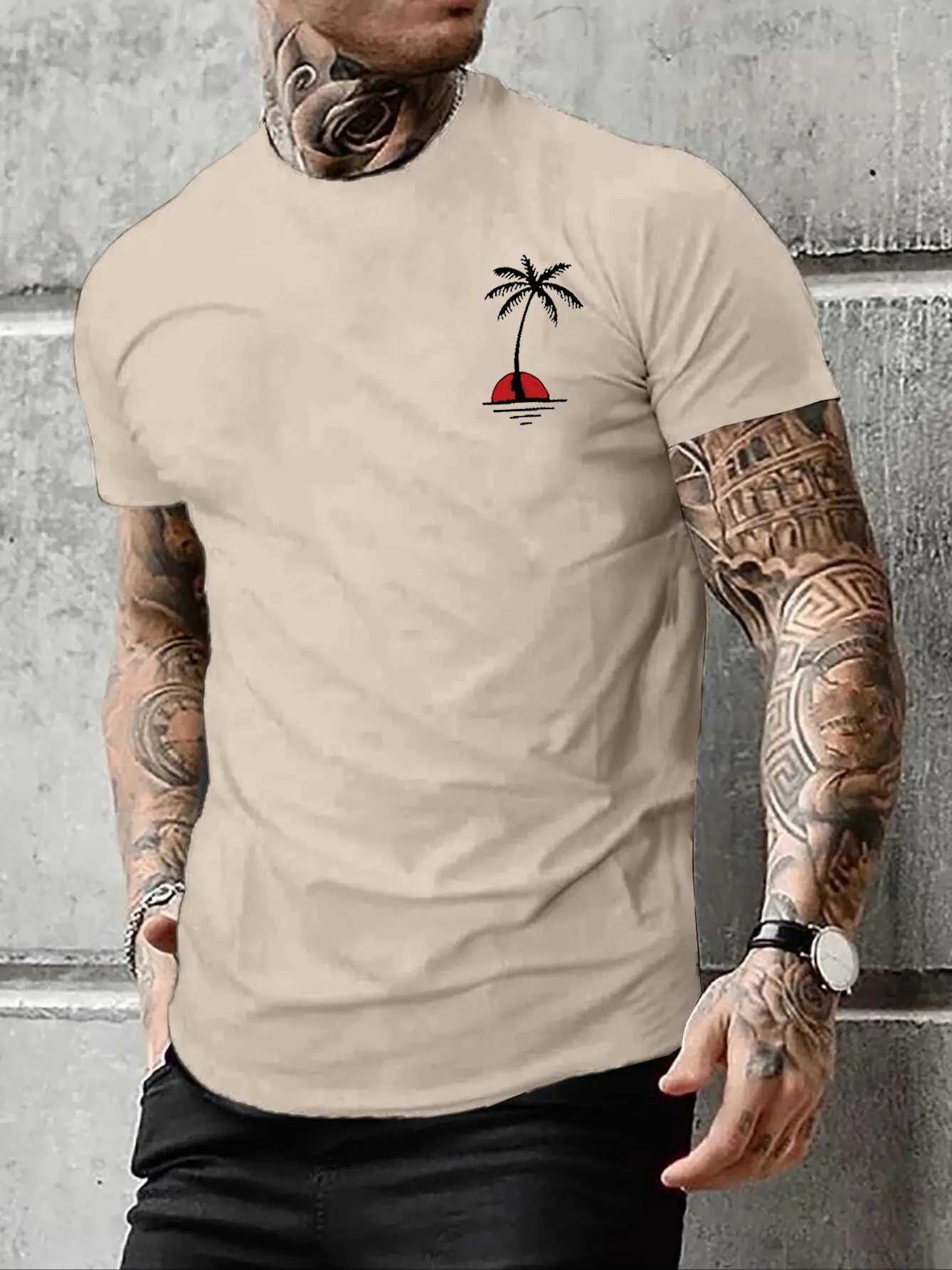 Mens Summer Casual Loose Size 100% Cotton Coconut trees Print Round Neck Short Sleeve T-shirt Top Z250527