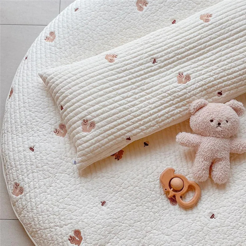 born Pure Cotton Flat Pillow Quilted with Cartoon Squirrel Bear Embroidery Breathable Soft 250527