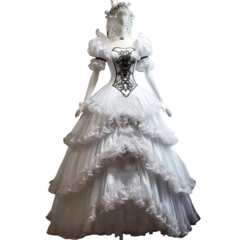 Vintage Black and White Gothic Wedding Dresses Ruffles Tiered Elaborate Flounce Layers Puff Sleeves Medieval Bridal Gown Renaissance Medievalesque Bri