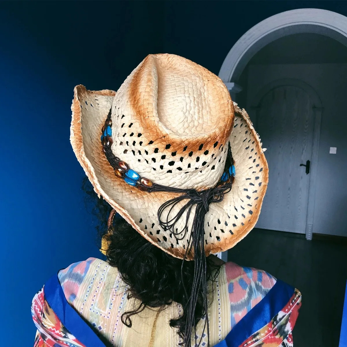 Unisex Exotic Style Retro Bandhnu Travel Cowboy Hats Outdoor Beading Beach Sunshade Niche Straw Caps Versatile Hollow Out 250526