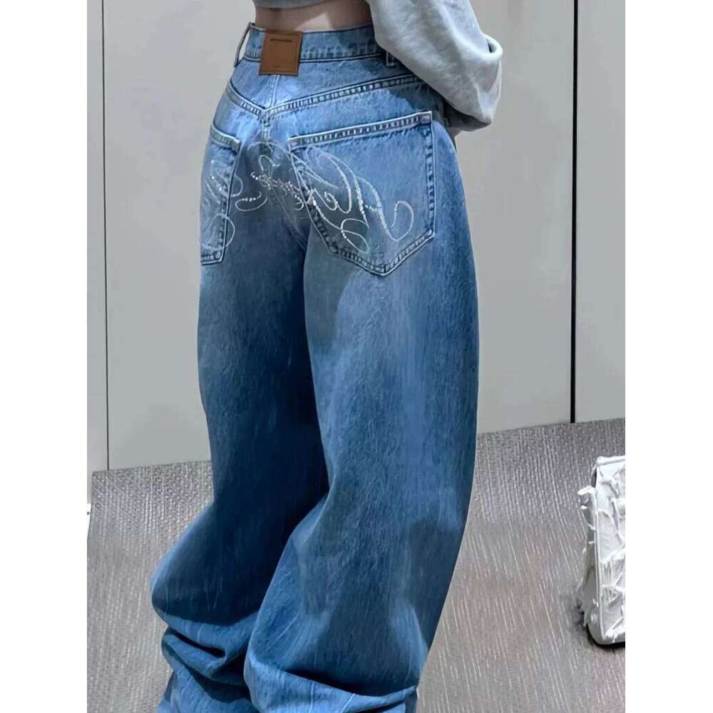 New Haruku Y2K Streetwear Trousers American Retro Letter Rhinestone Jeans Women Hot Sexy Baggy High Waist Scissors Wide Legs