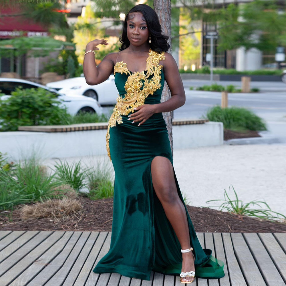 Dark Green Prom Dresses With Gold Appliqued 2025 Sexy Slit Mermaid Gala Party Dress For African Girl Luxury Customized