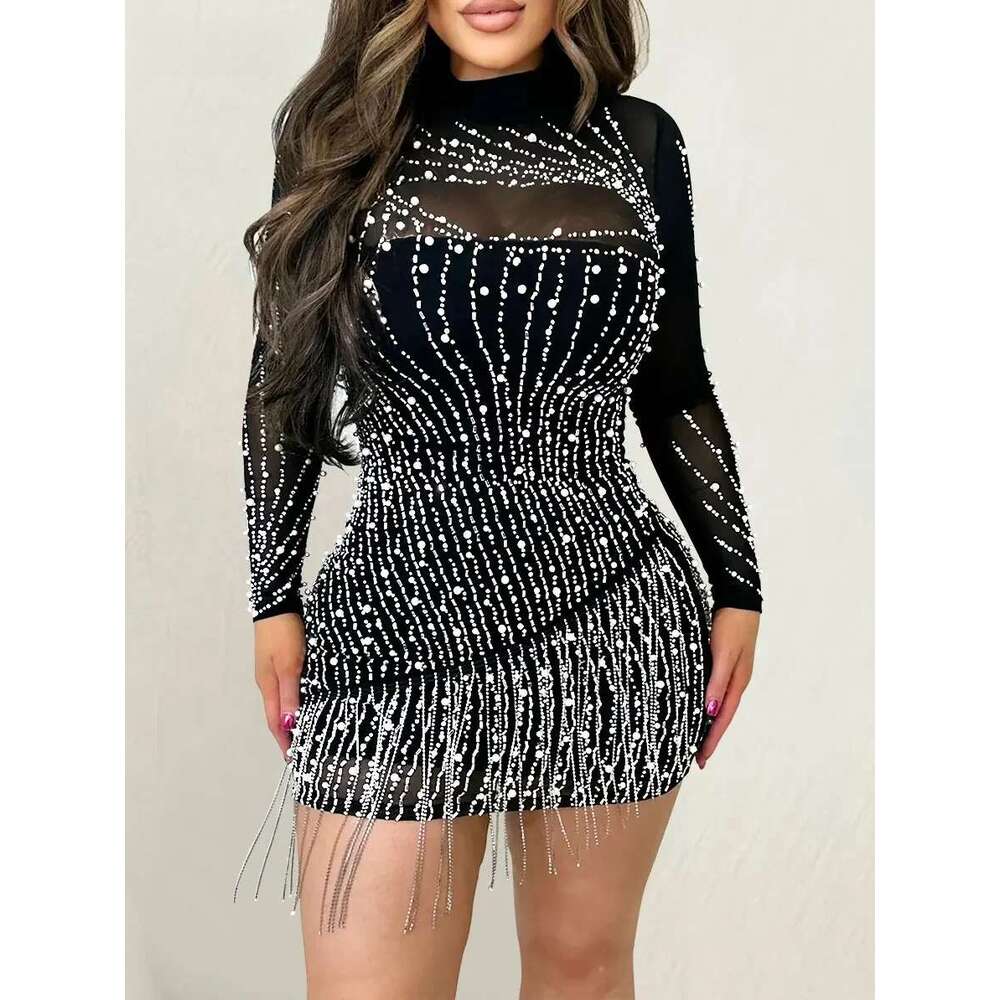 Women Mesh See Though Dias Hot Rhinestones Pearl Tassel Bodycon Midi Dress 2023 Vestidos Sexy Party Evening Dresses