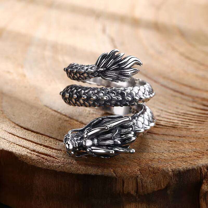 Wholesale S Sterling Sier Dragon Ring Vintage Punk Hip Hop Jewelry Open Adjustable Band for Men and Women
