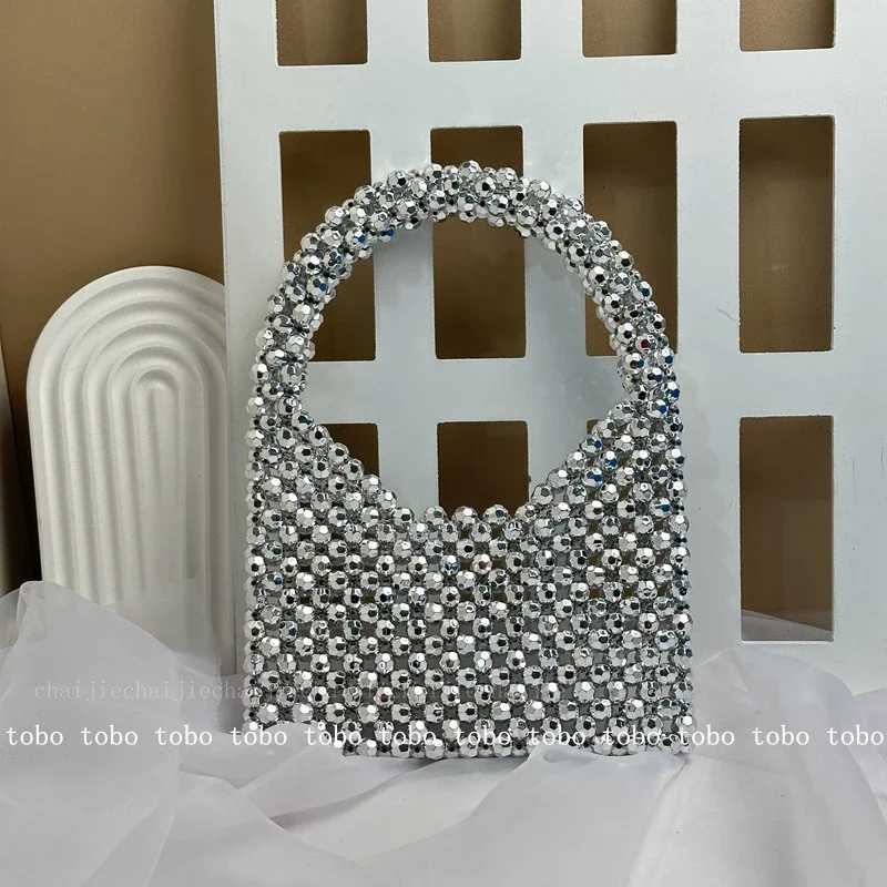 French Shiny Silver Beaded Top-handle Bags Designer Half Moon Handbags Cute Cool Young Girl Party Purses Original Versatile Bags W250527