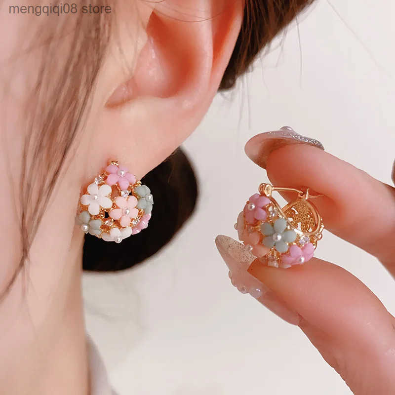 Fashionable Zircon Pearl Flower Basket Ear Buckle Sweet Pink Rhinestone Petal Flower Earrings Wedding Party Jewelry Girls Gifts L250527