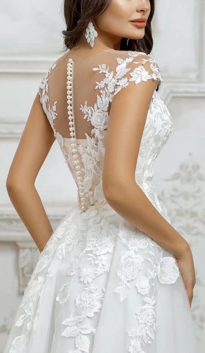 A Line Wedding Dresses White Ivory Tea Length Lace Applique Lace Bridal Gowns Dress Women