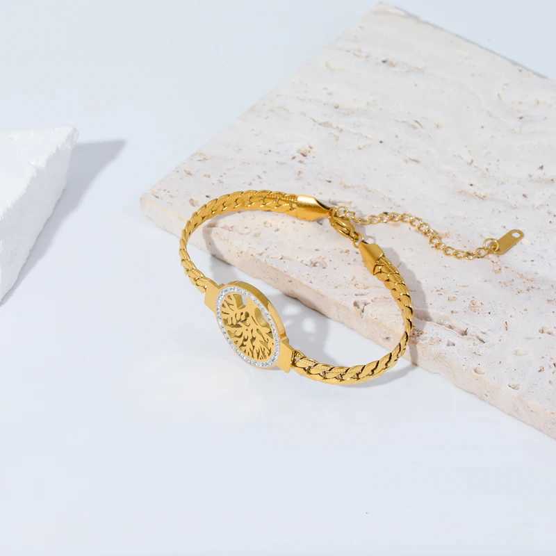 GANEMLY 316L Stainless Steel Tree of Life Bracelet for Women Fashion 18K Gold Plated Wrist Chain Waterproof Jewelry Lady Gift W250526