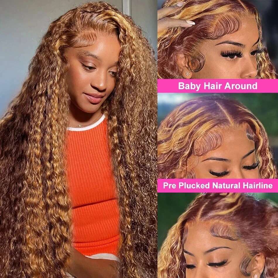Hd Transparent Curly Highlight 13x6 Frontal Wig Human Hair Deep Blonde Ombre Color Water Wave Lace Font Wigs For Women