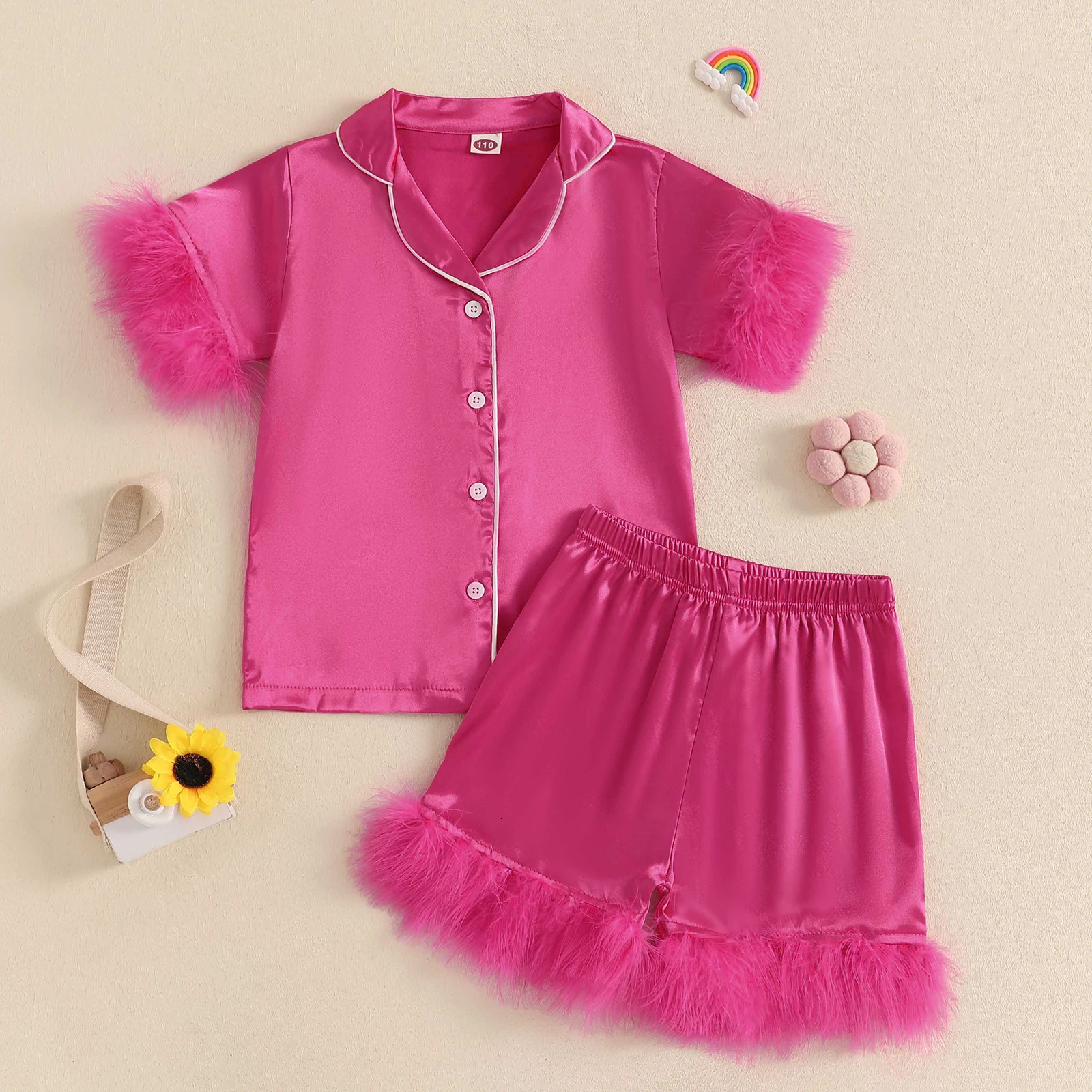 MISOWMNJOY Summer Baby Girls Pajamas Set Sleepwear Satin Feather Patchwork Button up Short Sleeves Shirt with Shorts Loungewear 250527