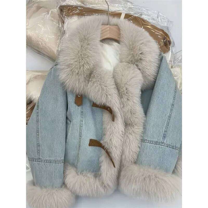 winter new Blue denim jacket women fur collar fashion Long sleeve padded jeans down warm fleece coat Female slim outerwear T785