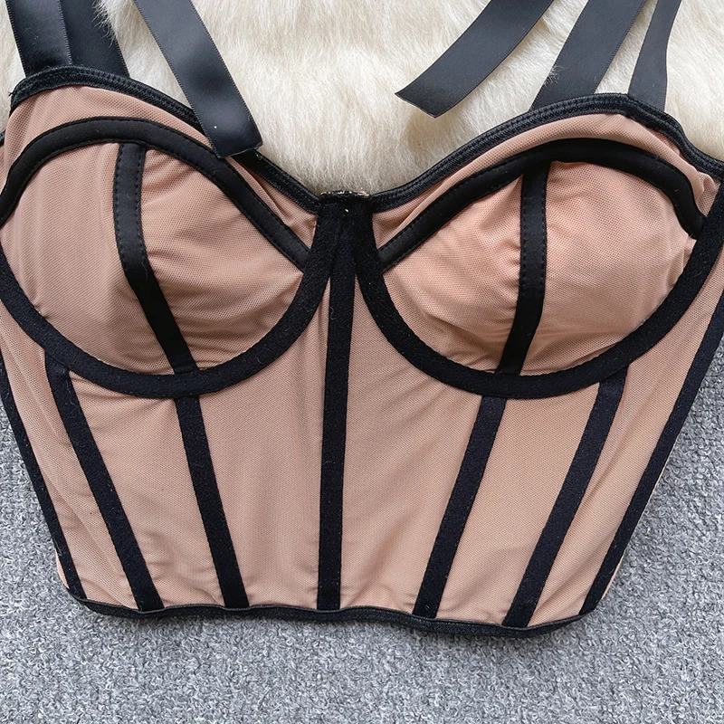 HELIAR Women Summer Lace Up Straps Crop Tops Mesh Patchwork Stripe Sexy Tank Top Beach Camis Streetwear Tube Tops Spring 250523