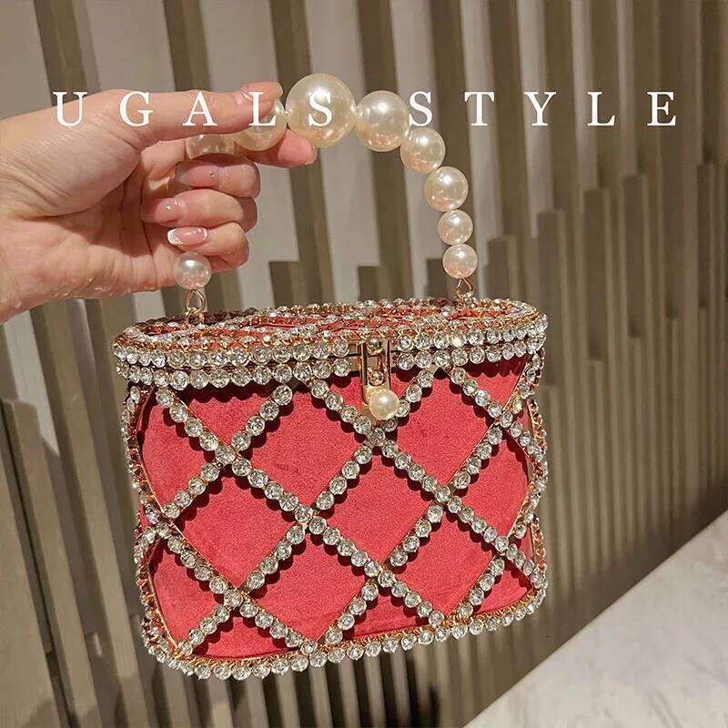 Rhinestones Dia Evening Hollow Pearl Beaded Metallic Cage Women Handbag Wedding Party Clutch Purse Shoulder Bag