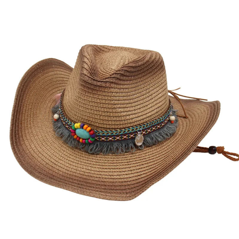 Spray Paint Western Straw Cowboy Hat Tassel Summer Sun Protection for Men and Women Sun Hat Ethnic Style Hollow Out Beach Hat 250526