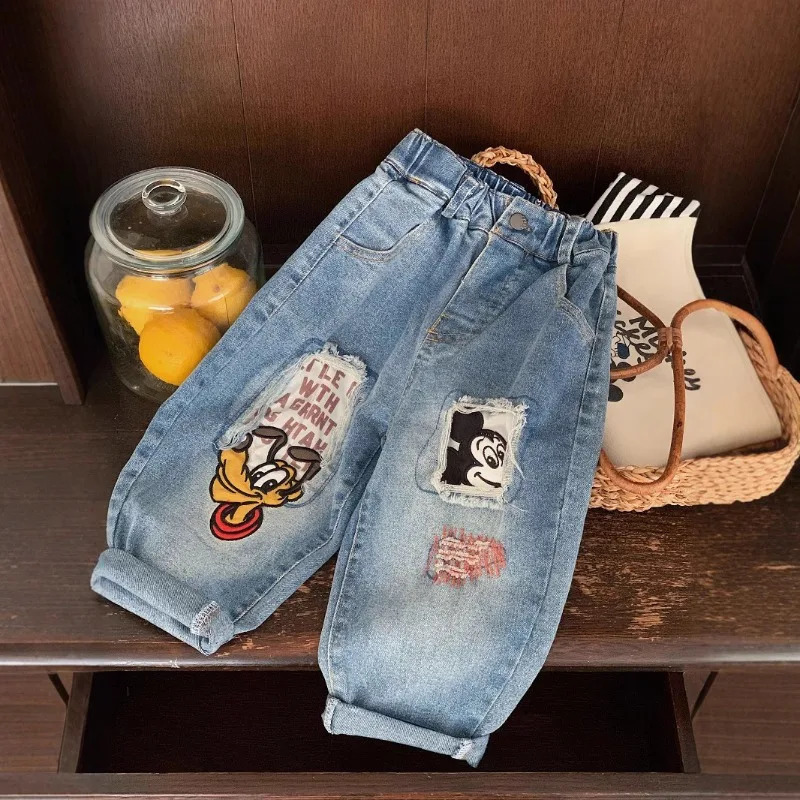 Children Ripped Jean Spring Autumn Boy Girl Elastic Waist Cartoon Denim Pants Kids Straight Leg Trousers D2501 250527