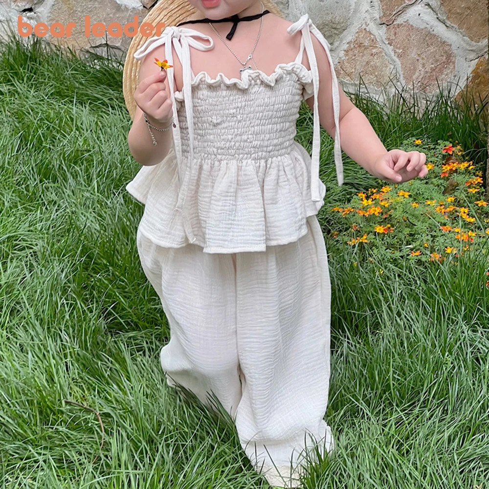 Bear Leader Korean Children Kids Clothing Set Girls Summer Organic Cotton Camisole Top Lace Wide Leg Pants Trousers Outfits 250527