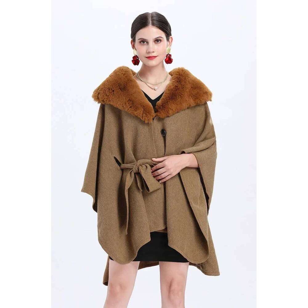 5 Colors Women Outstreet Poncho Wear Winter Thick Cardigan Big Rabbit Fur Turn-down Neck Long Cloak Front Tie Belt Loose Coat