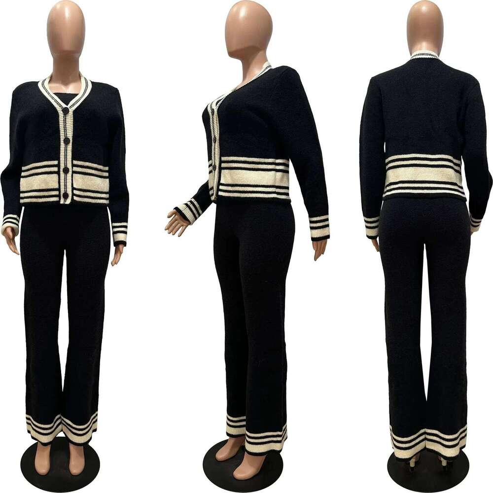 Street Knit Ribbed Striped Women's Butter Fly Sweater +Strapless Top + Pants 2024 Fall Winter Two 2-Piece Set Outfit