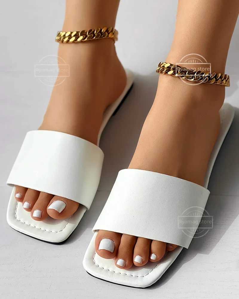 Slippers Women Flats Wide Strap Square Toe Slippers Summer Beach Flip Flops Dress Shoes Outdoor Slingback Sandals FemaleXJ250527