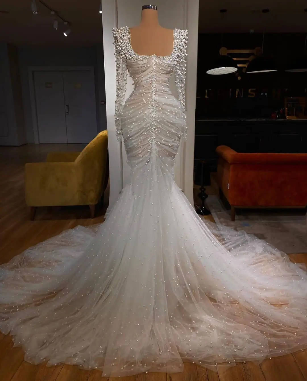 Luxury Mermaid Wedding Dresses Pearls Chain Beads Backless Zipper Floor Length Custom Made Plus Size Bridal Gown Vestidos De Novia