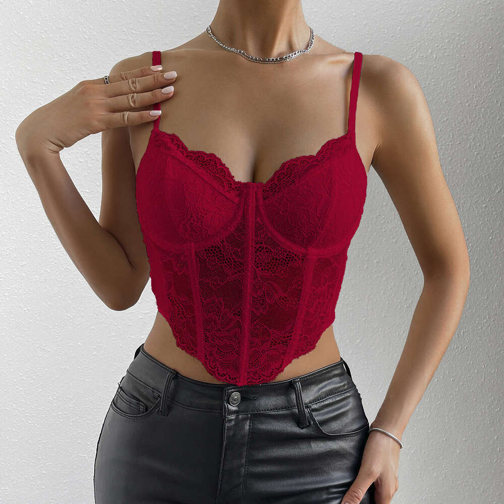 Sexy Lace Underwire Diamond Fishbone Crop Top See-through Hot Girl Slim Fit Vest for Women 10714