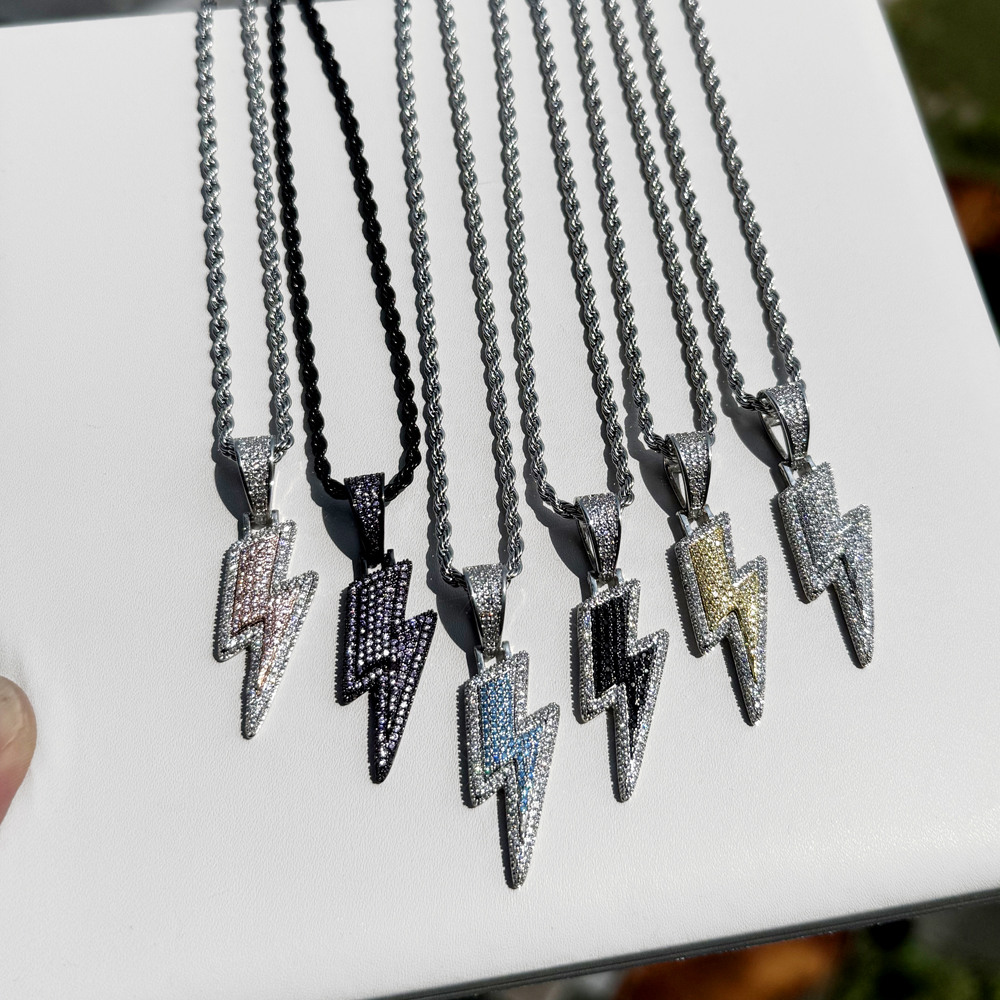 sdzstone 2025 New design Lightning Pendant Necklace Ice Out Bling Tow Tone Color Cubic Zircon Charm Men's Women Hip Hop Fashion Jewelry