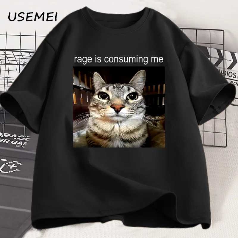 Rage Is Consuming Me Silly Staring Cat Meme Tee Shirt Casual Cotton Short Sleeve T-shirts Men Women Cat Lover T Shirt Oversized Z250527