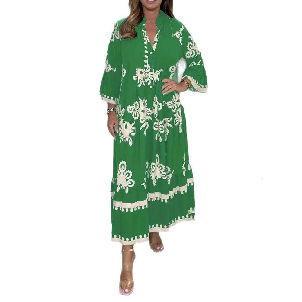 2025 Women's New Elegant Printed Stand Collar Waist-Cinching Dress