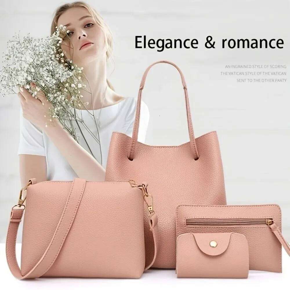 4 Piece Set Large Capacity Leather Pure Colour Lychee Texture Shoulder Bucket Bag Wallet Handbag