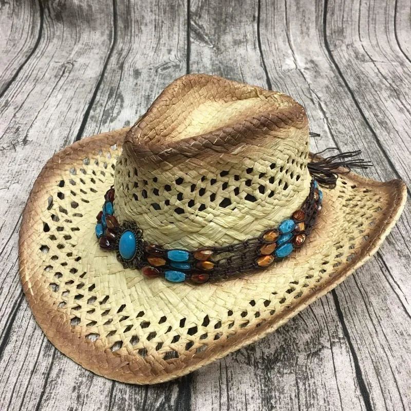 Summer Men Handmake Raffia Hollow Cowboy Hat With Punk Rope Women Western Wide Curling Brim Cap Sun Protection Unisex Hats 250526