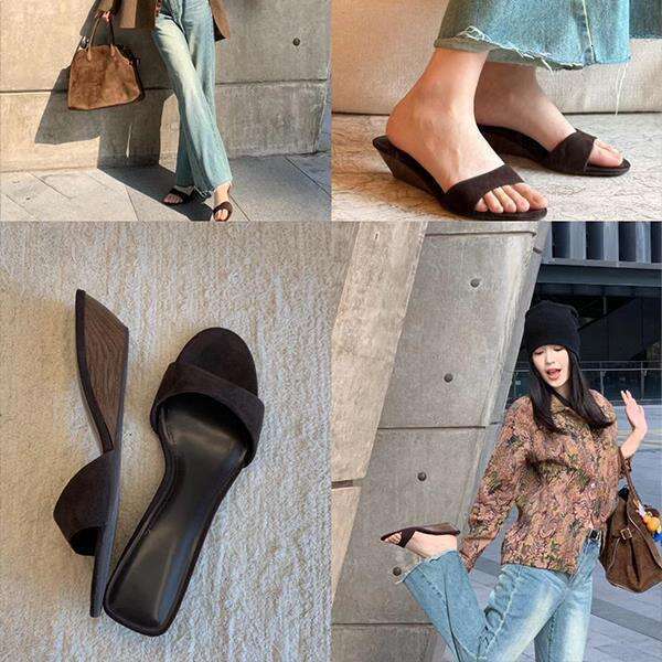 2025 Summer New Genuine Leather Simple One-Strap Women's Versatile Wedge Mid-Heel Open-Toe Fashionable Sandals