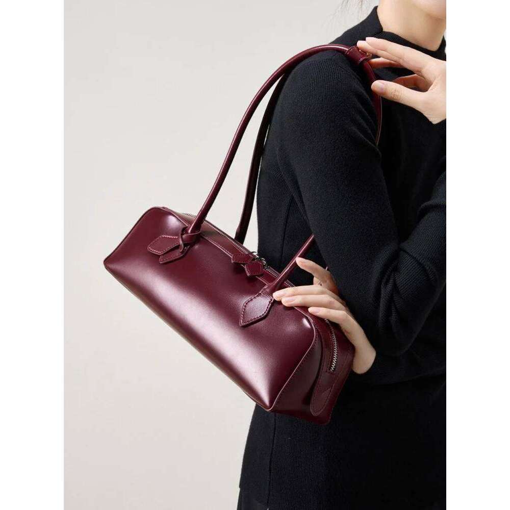 Free Shopping Zency Wine Red Designer Underarm Handbag Premium Oil Wax Leather Shoulder Bag Ladies Satchel French Style Waterproof