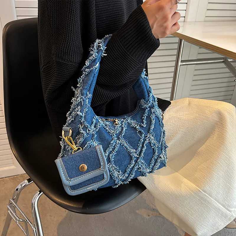 Tassel Plaid Denim Handbag Spring Summer New French Niche Small Fresh Design Sense Womens Commut Bag High-end Underarm Bag W250527