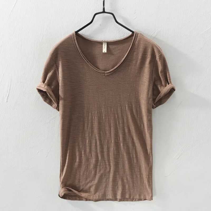 2025 New Mens T-Shirt Pure Color V Collar Short Sleeve Tops Tees Men T-Shirt Slim Men Bamboo Fiber T-Shirts Fitness Male Clothing Z250527