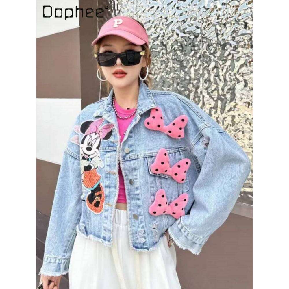 Sweet Bowknot Loose Short Denim Coat 2024 Spring Autumn Fashion Brand Heavy Industry Cartoon Beaded Sequins Jackets For Women