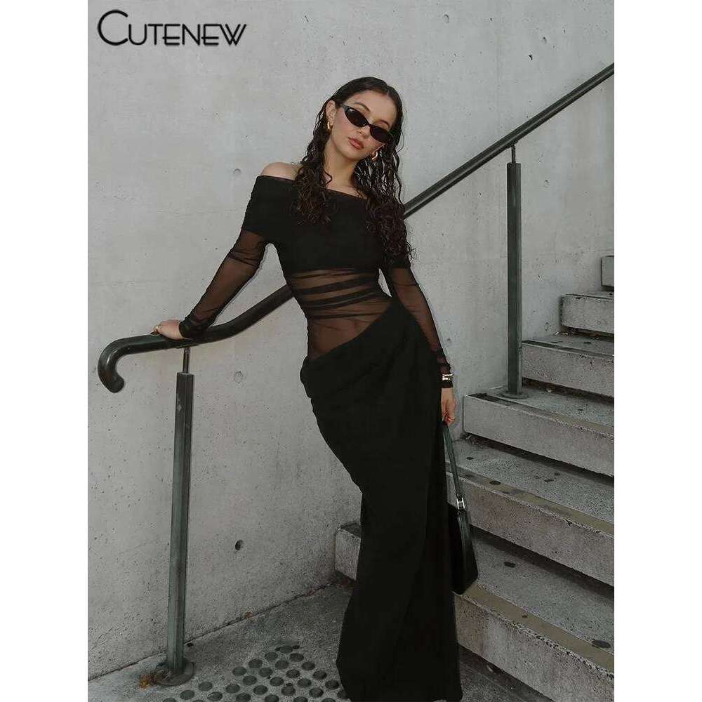 Hot Tight Dresses Cutenew Mesh Ruched Women Maxi Dress Sexy See Through Off Shoulder Long Sleeve Sheath Vestidos Female Midnight Party Solid Robe