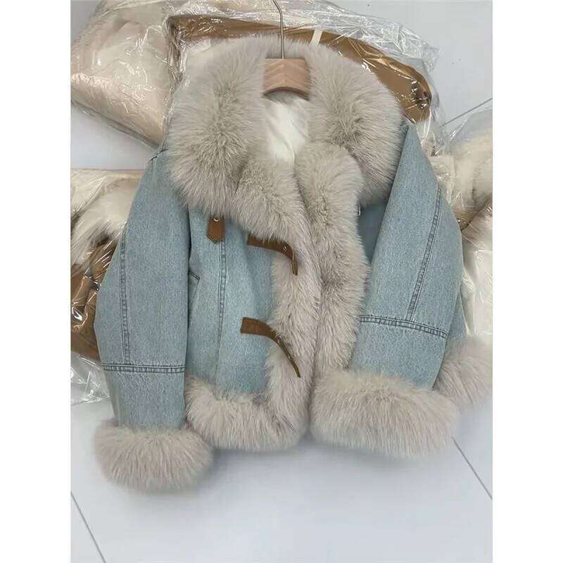 winter new Blue denim jacket women fur collar fashion Long sleeve padded jeans down warm fleece coat Female slim outerwear T785