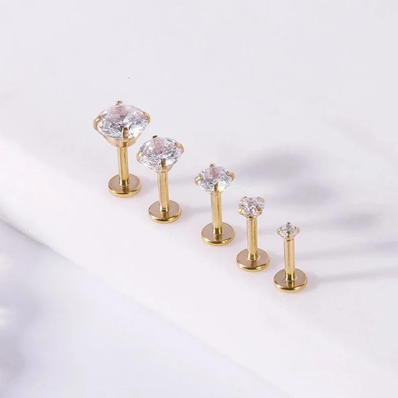 10Pcs Silver Gold Color 16G Stainless Steel Labret Lip Stud 2/3/4MM CZ Crystal Helix Cartilage Tragus Earring Cartilage Piercing 250526