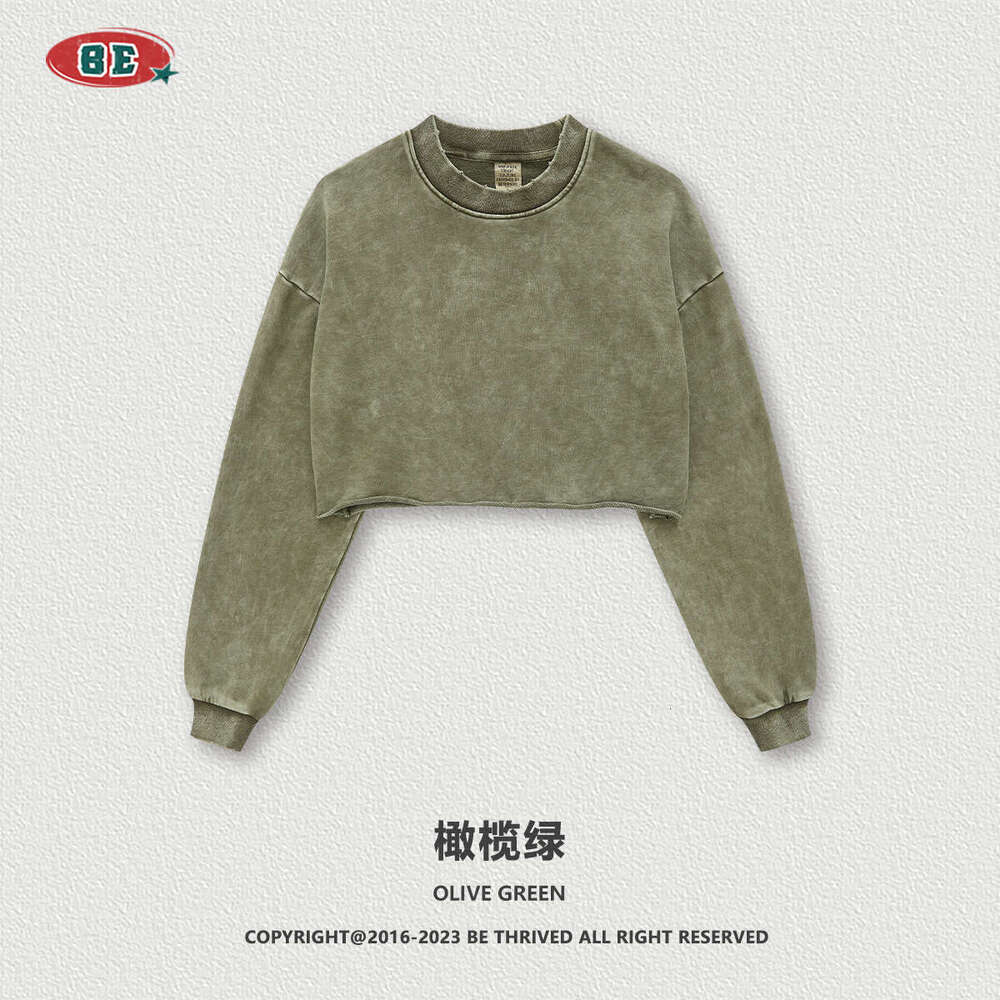 BE Women's Fashion|2025 Autumn Winter 380G Washed Frayed Short Spicy Girl Long Sleeve T-Shirt Street Fashion Brand Top for Women