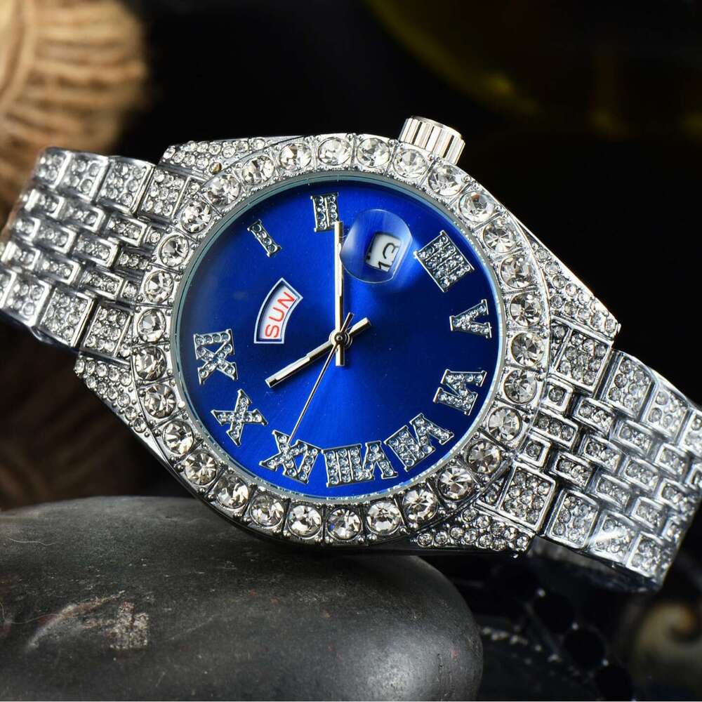 New Men's with Full Diamond Decoration, High Brand Name, Smart Dual Calendar, Waterproof Quartz Watch