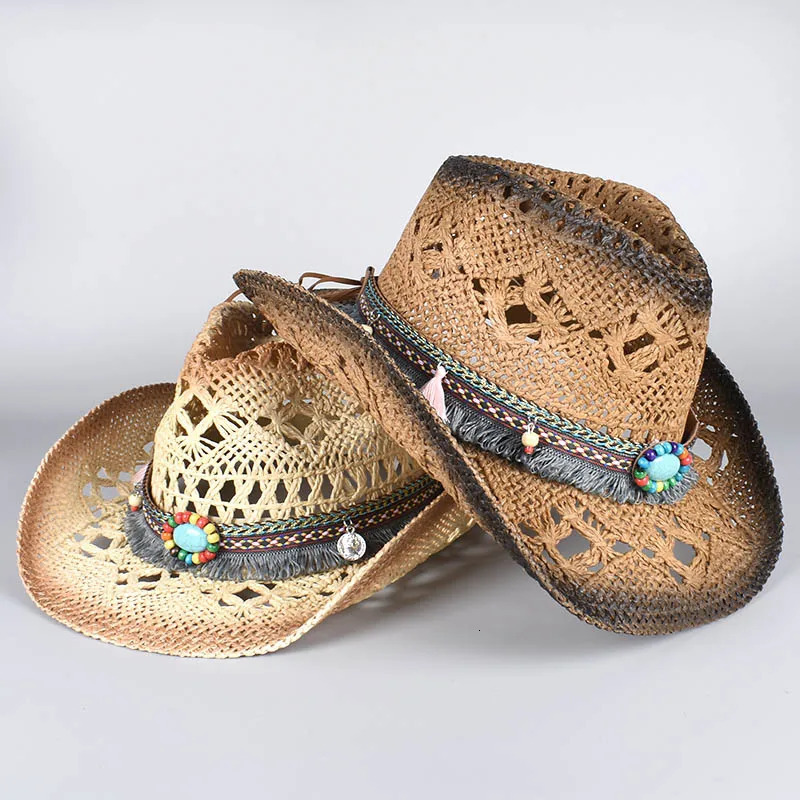 Western Bohemia Cowboy Hat Women Men Summer 2025 Vintage Beach Straw Cap Sun Hats Panama Cowgirl Jazz Cap Sombrero Hombre 250526